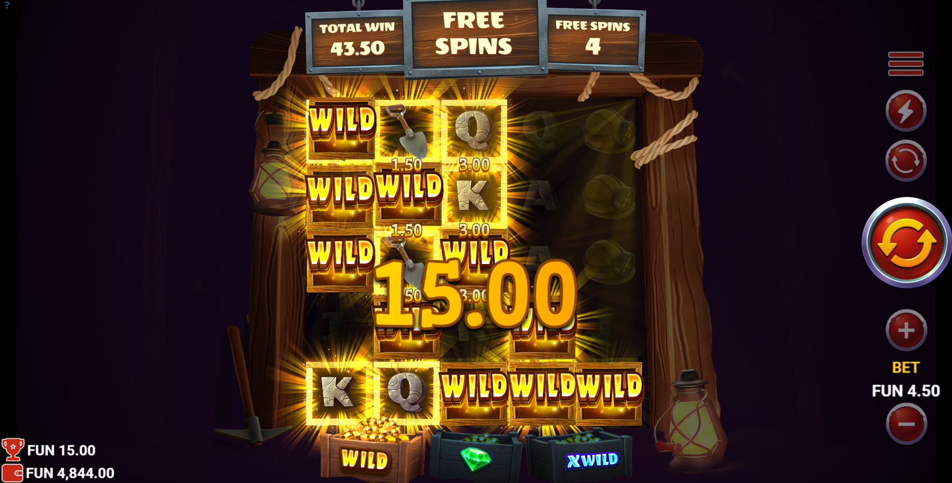 Miners Combo Wild Respins with five wilds on the reels