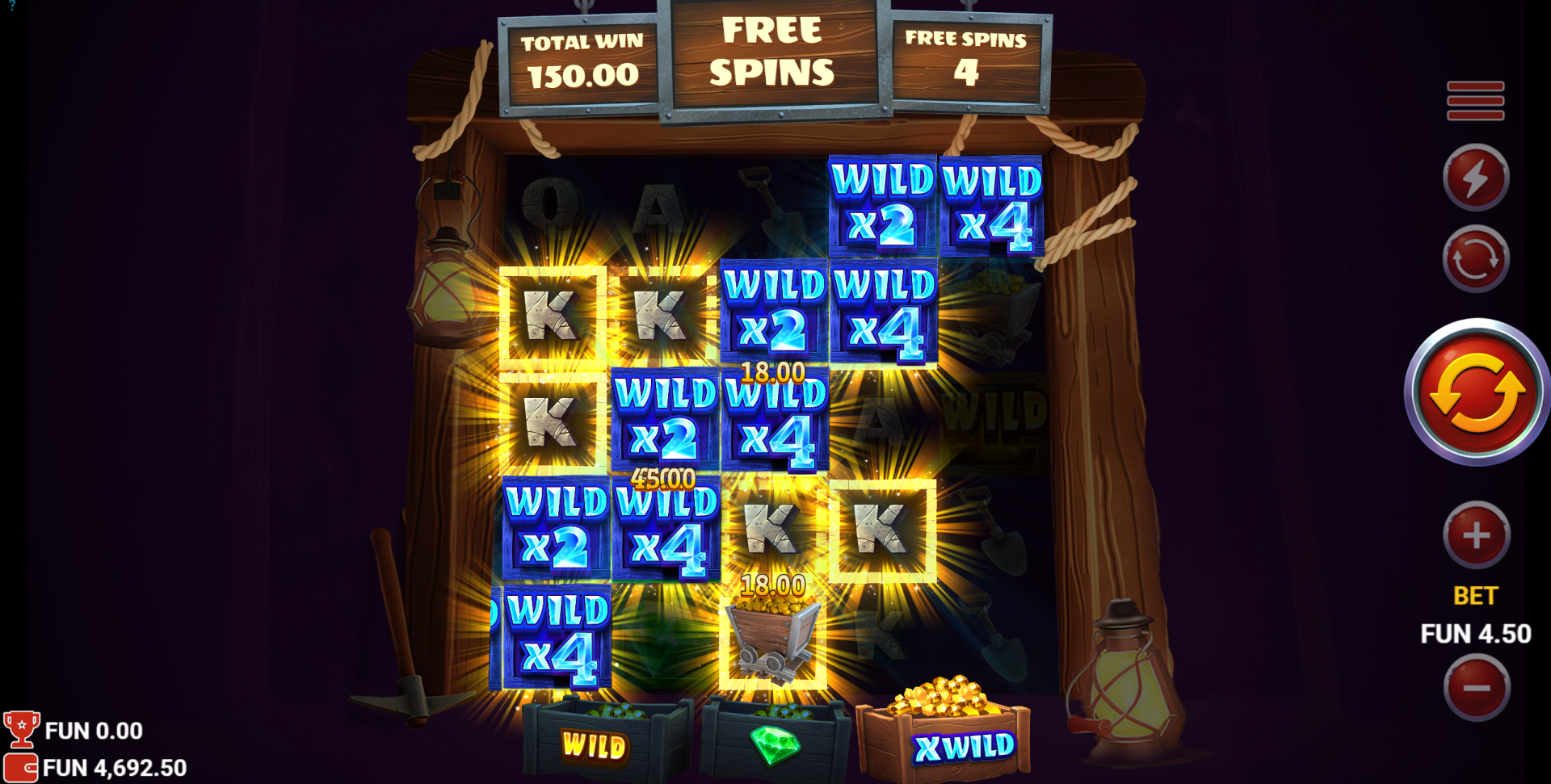Miners Combo Multiplier Wild Respins with multiplier wilds worth up to 20x