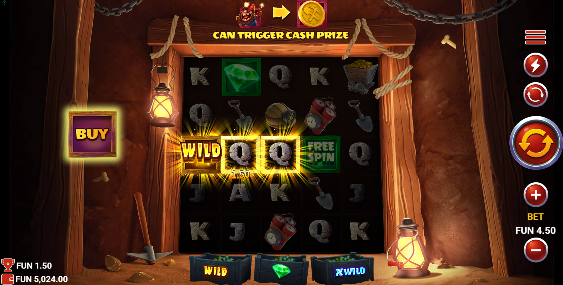 Miners Combo Wild symbols on the reels