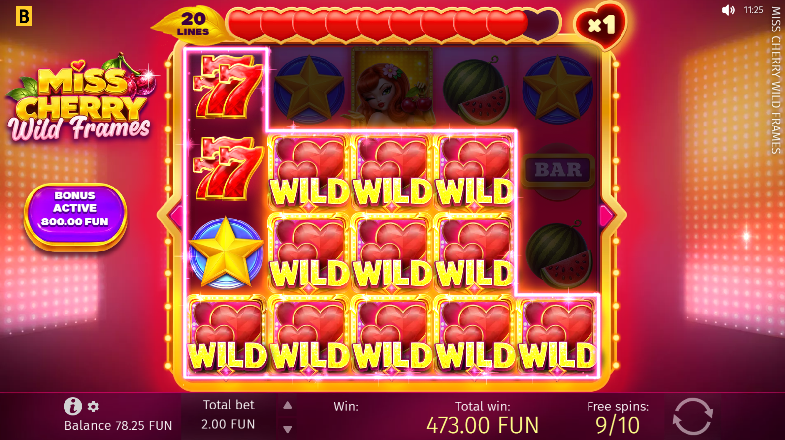 Miss Cherry Wild Frames 10 free spins bonus round with 3x3 wild symbols covering the reels