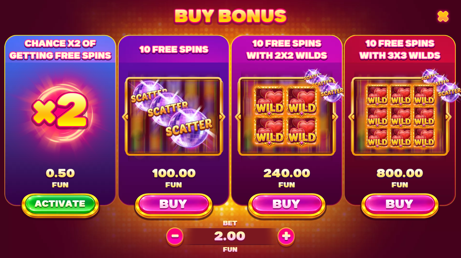 Miss Cherry Wild Frames bonus buy options screen