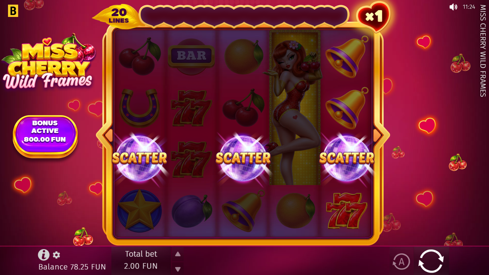 Miss Cherry Wild Frames scatter symbols on reels 1, 3 and 5