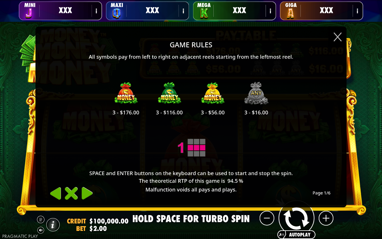 Money Money Money - Oranje Jackpot information screen