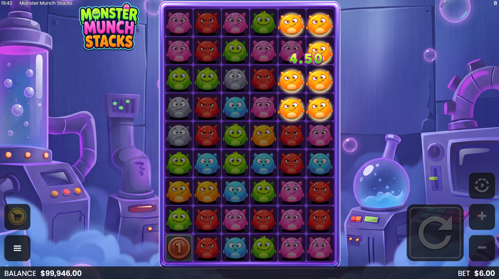 Monster Munch Stacks base game showing the 6x9 cluster pays grid