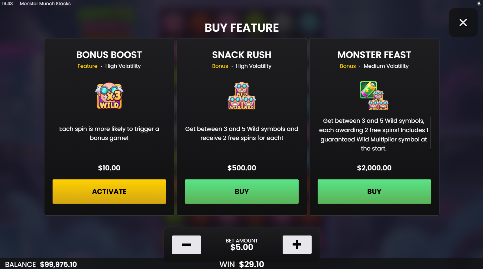 Monster Munch Stacks bonus buy options showing three purchasable features
