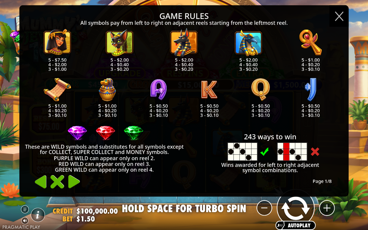 Mummy's Jewels 100 information screen