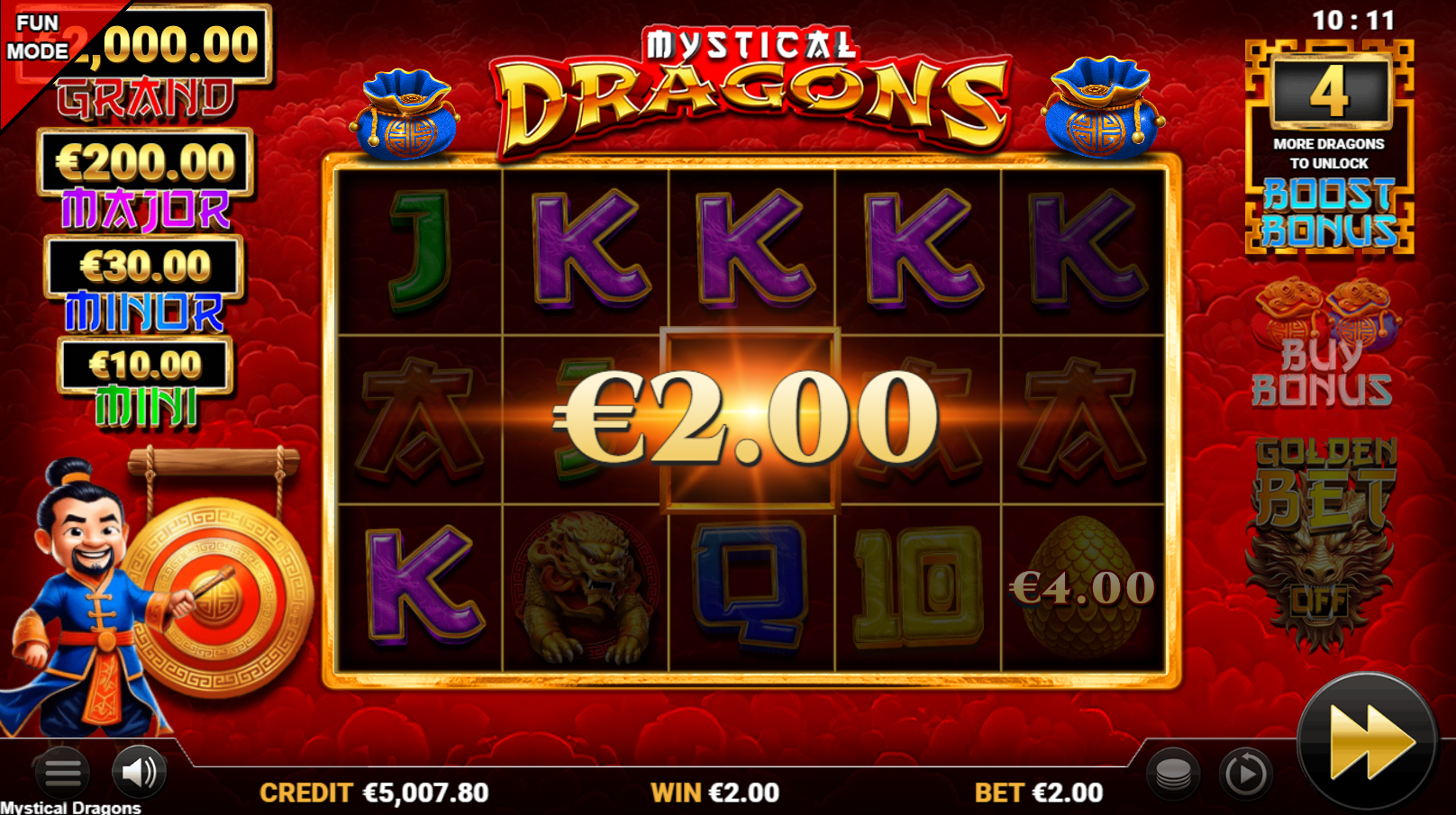 Mystical Dragons offers 40 fixed paylines