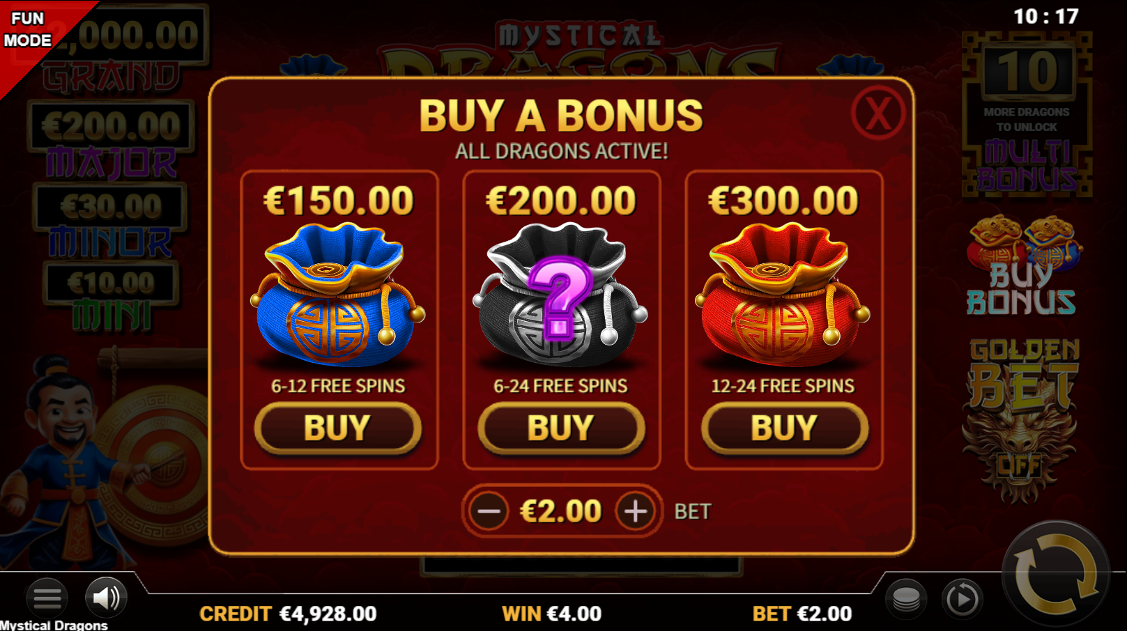 Mystical Dragons Bonus Buy menu