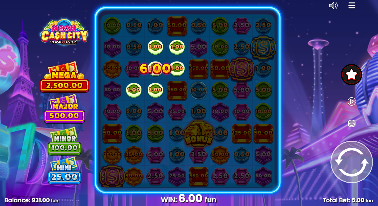 Neon Cash City base game showing the 8x8 cluster pays grid