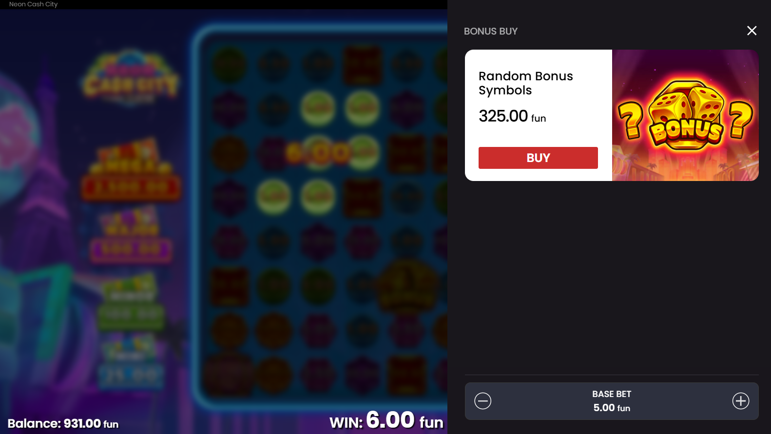 Neon Cash City bonus buy options screen
