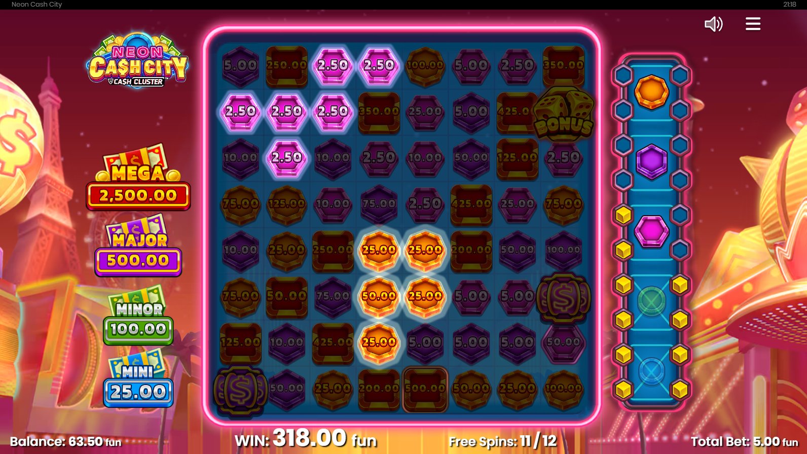 Neon Cash City bonus gameplay during the Free Spins Feature