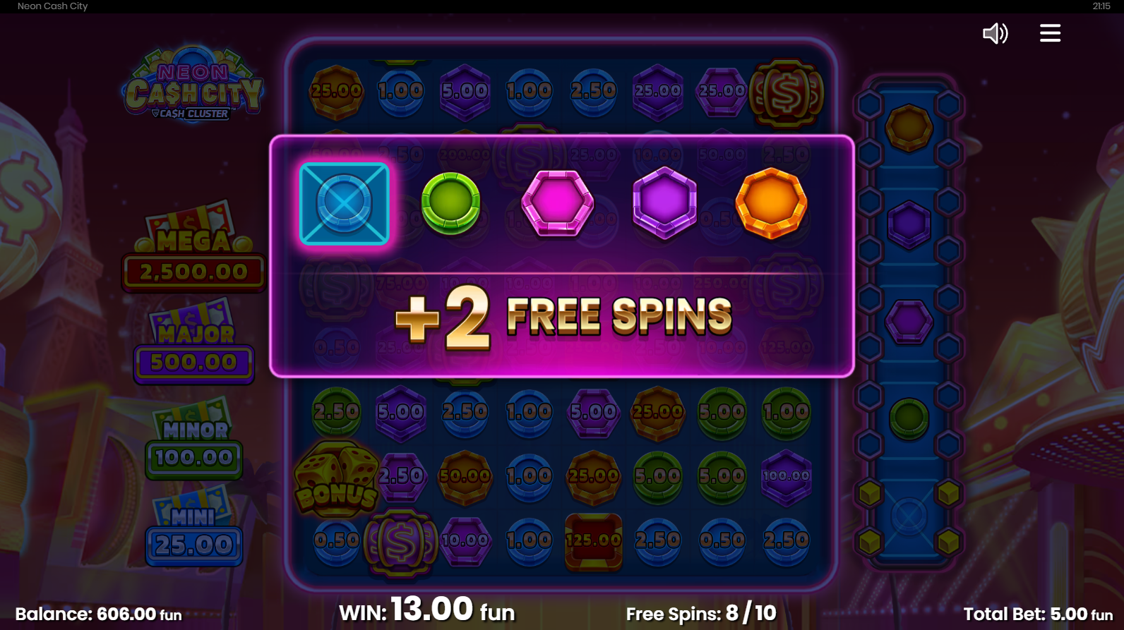 Neon Cash City extra spins being awarded in the Free Spins Feature