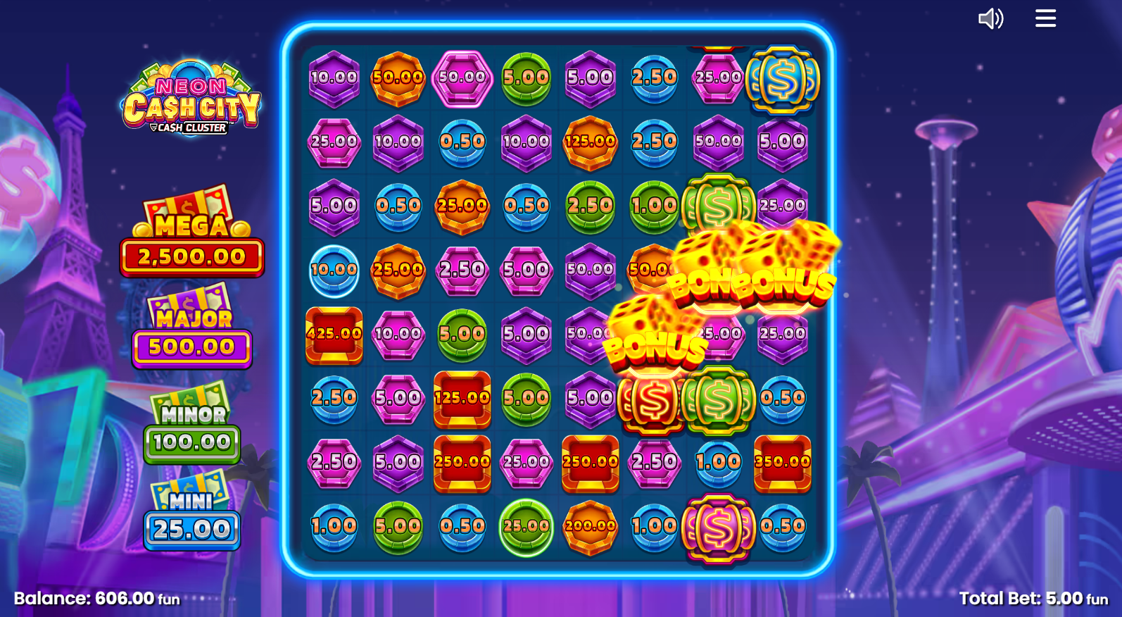 Neon Cash City scatter symbols on the reels