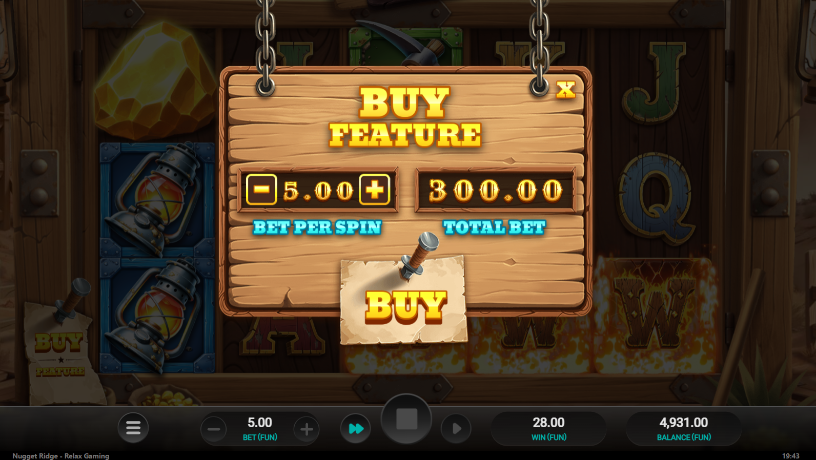 Nugget Ridge bonus buy options screen showing 60x stake cost