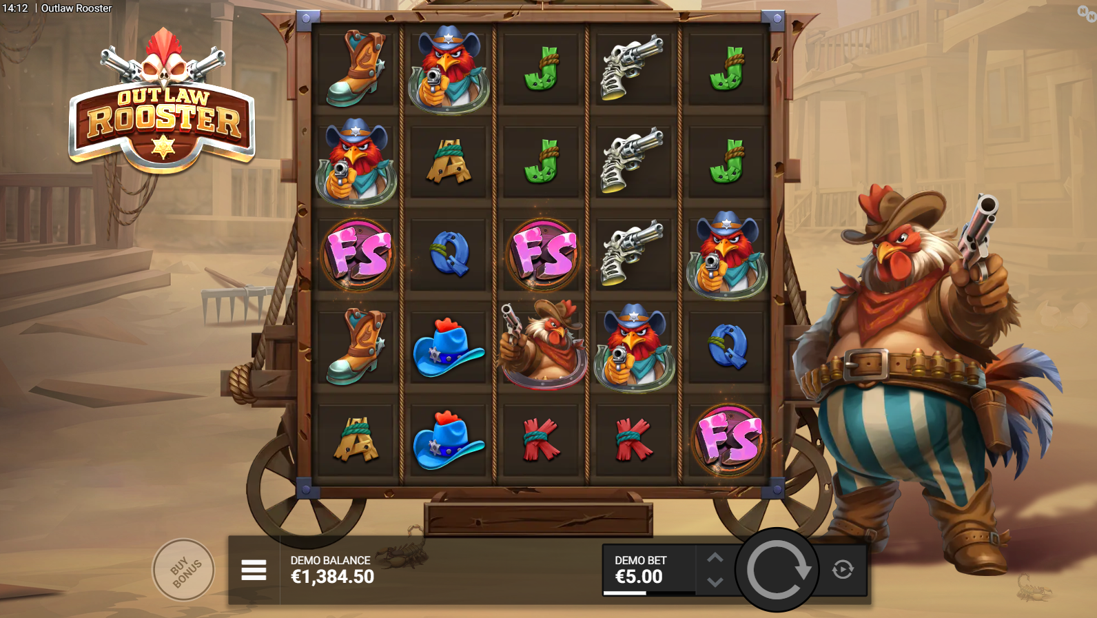 Outlaw Rooster scatter symbols on reels 1, 3, and 5