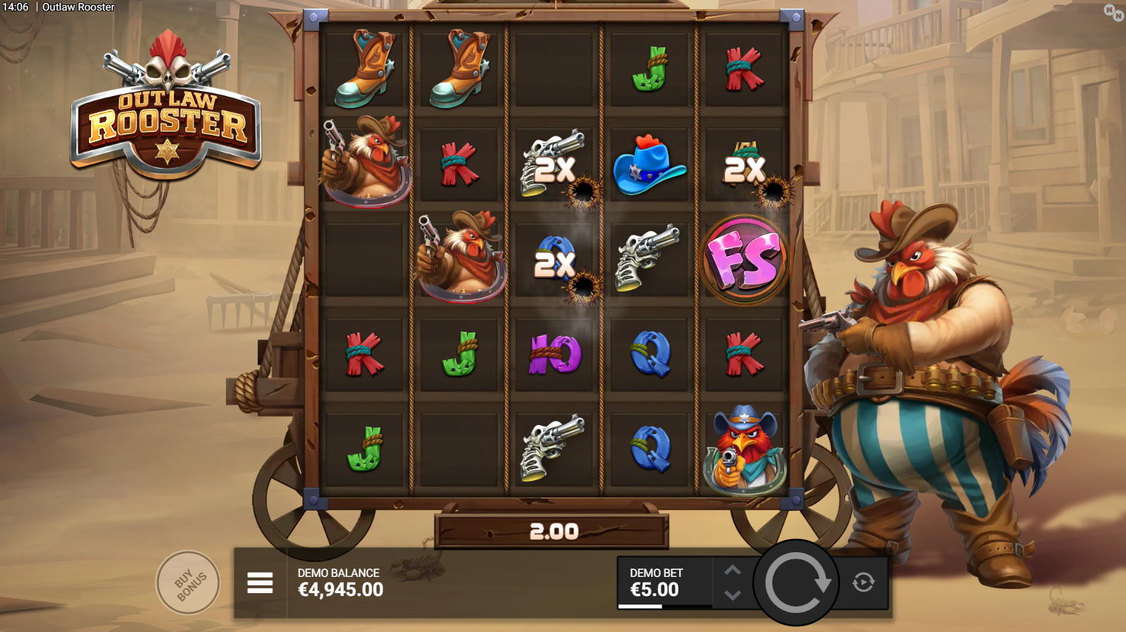 Outlaw Rooster base game showing 5x5 grid with Wild West theme
