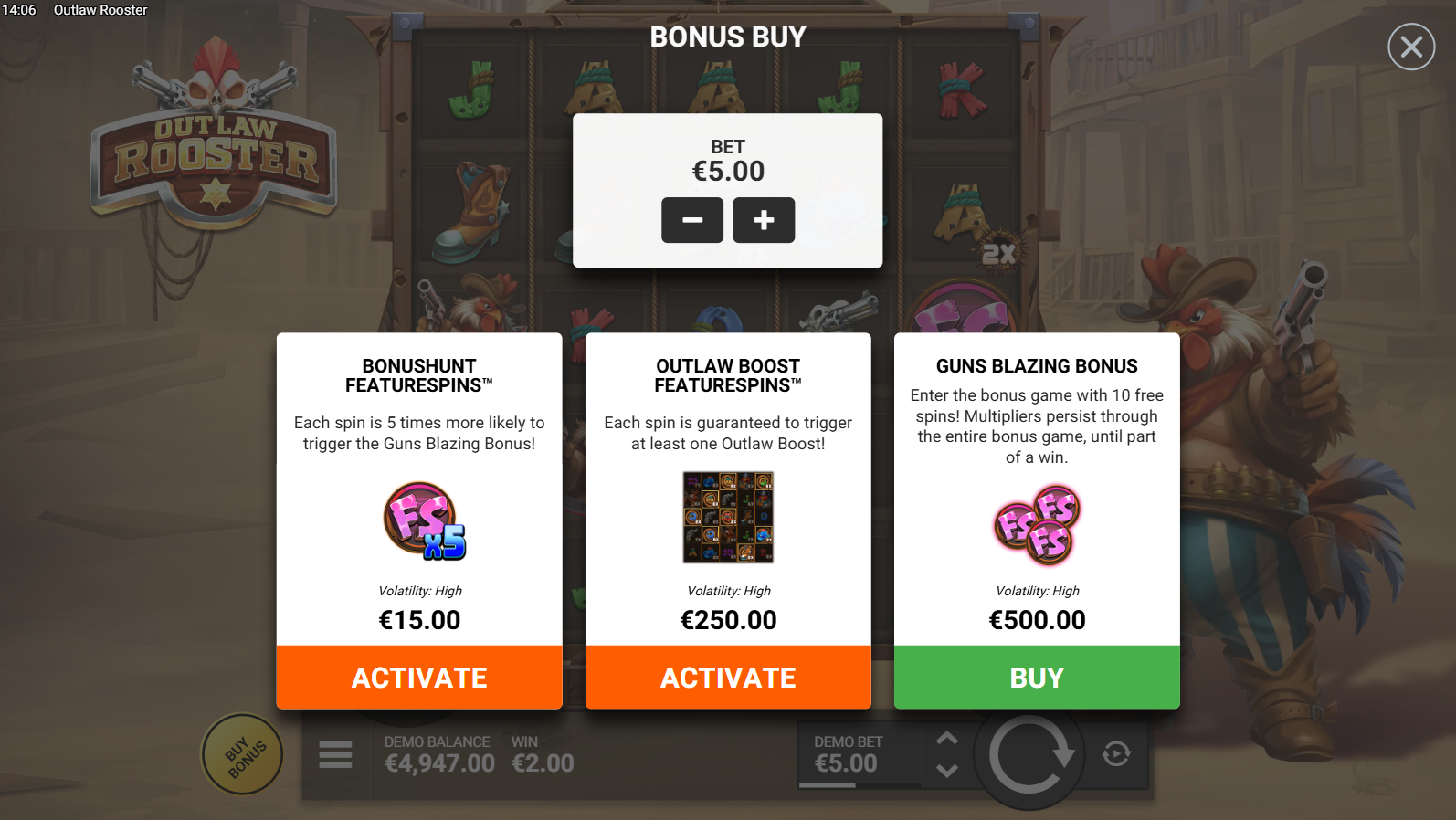 Outlaw Rooster bonus buy options screen