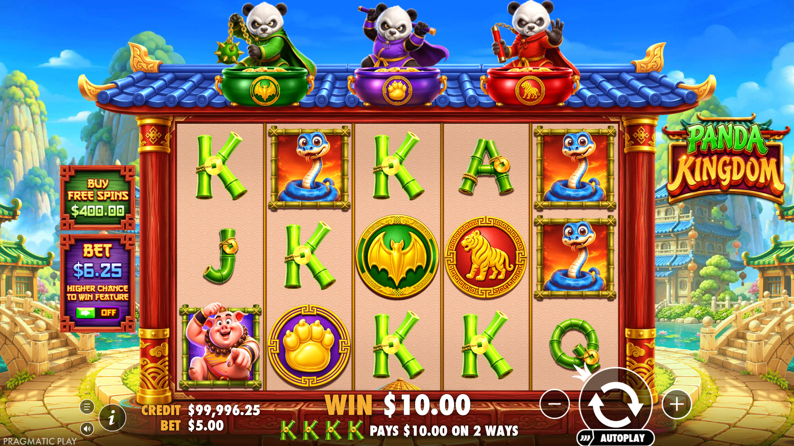 Panda Kingdom base game showing the 5x3 reel grid with panda, tiger and bamboo symbols
