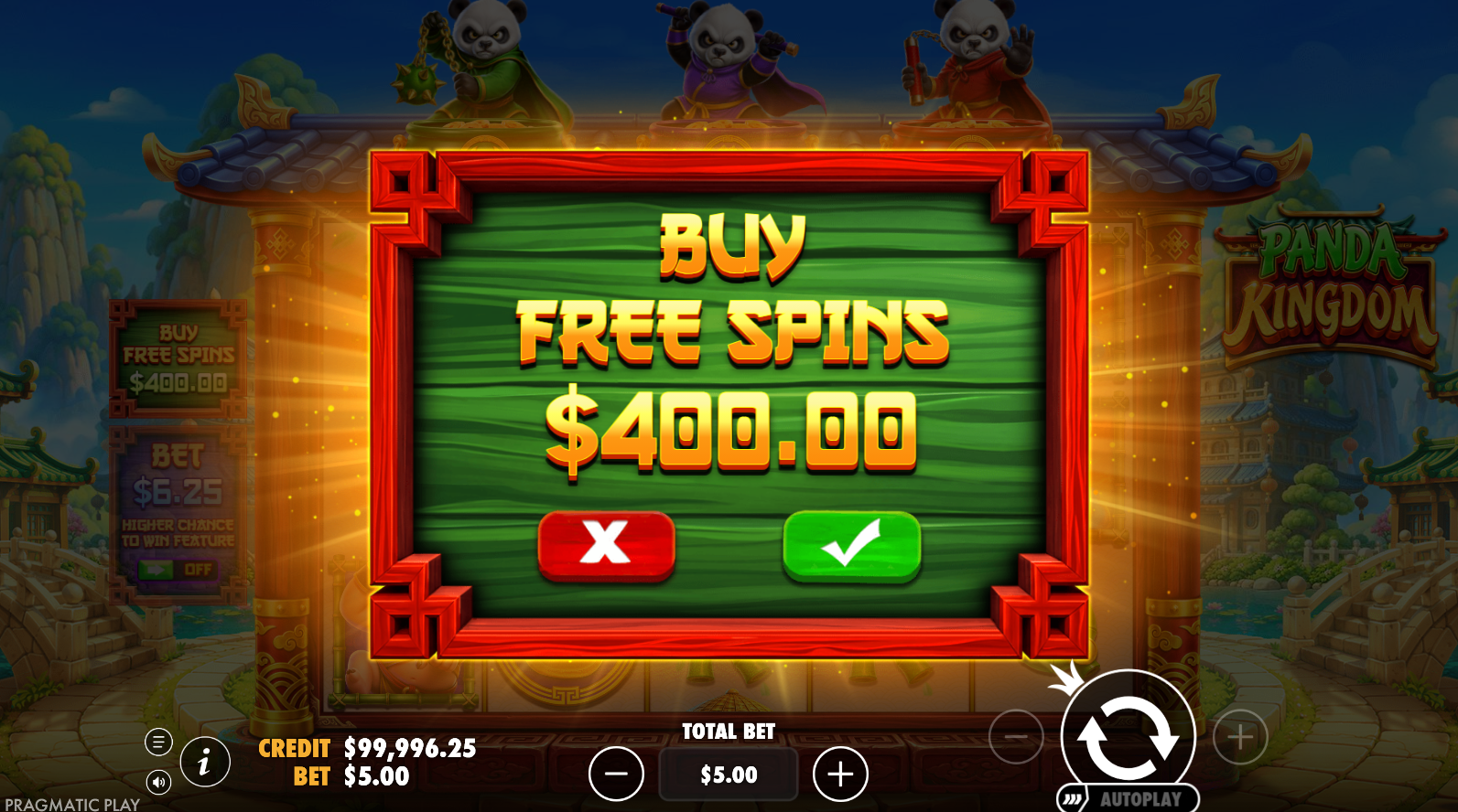 Panda Kingdom bonus buy option screen showing the 80x stake purchase for instant Free Spins