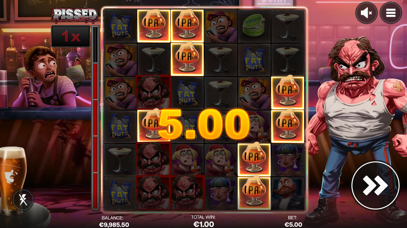 Pissed by Shady Lady base game grid showing the 6x6 scatter pays layout