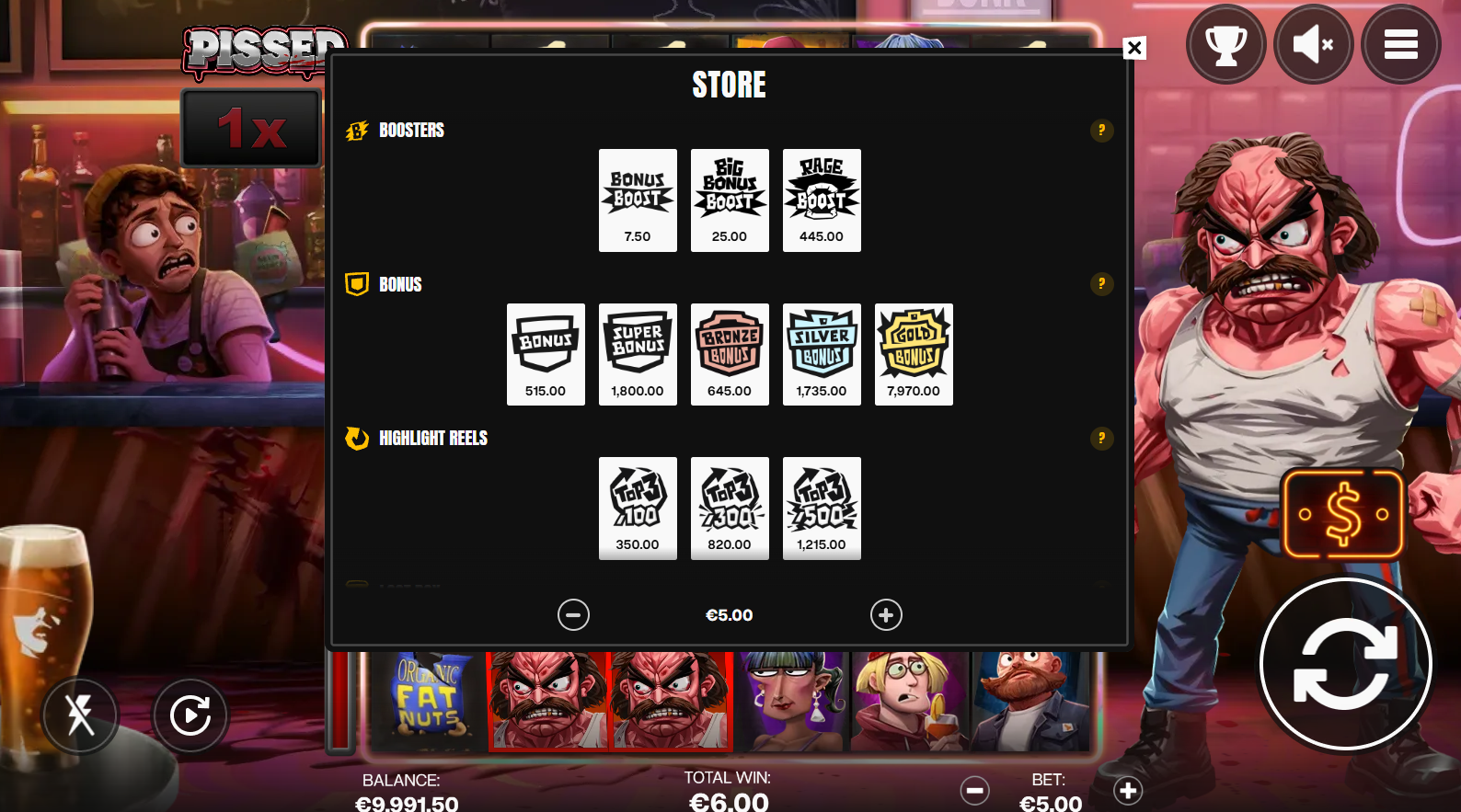 Pissed by Shady Lady bonus buy options showing Bonus Buy, Super Bonus Buy and Enhanced Bonus tiers