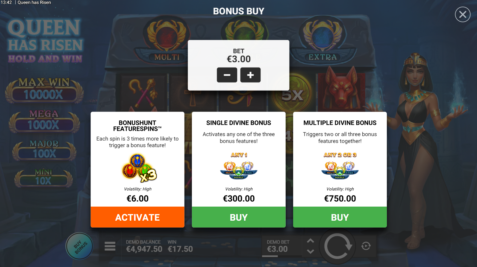 Queen Has Risen bonus buy options menu showing FeatureSpins purchase options