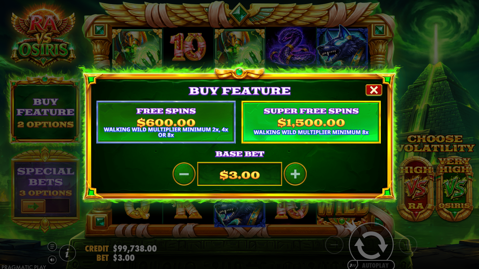 Ra vs Osiris bonus buy options menu showing RA and OSIRIS mode purchase prices