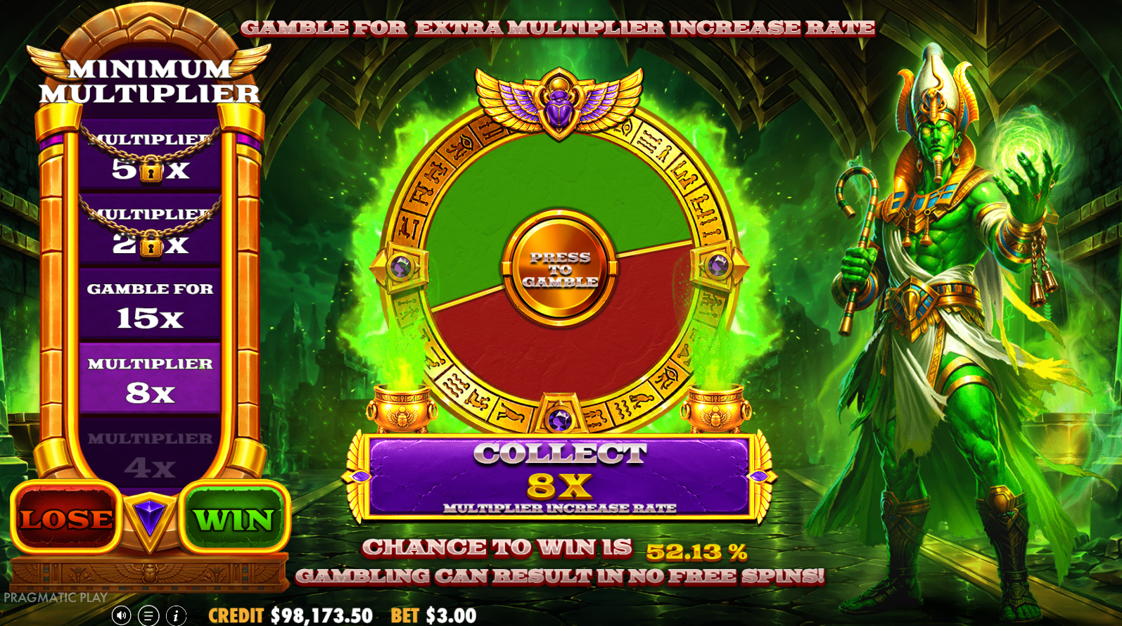 Ra vs Osiris bonus gamble wheel for increasing the minimum expanding wild multiplier