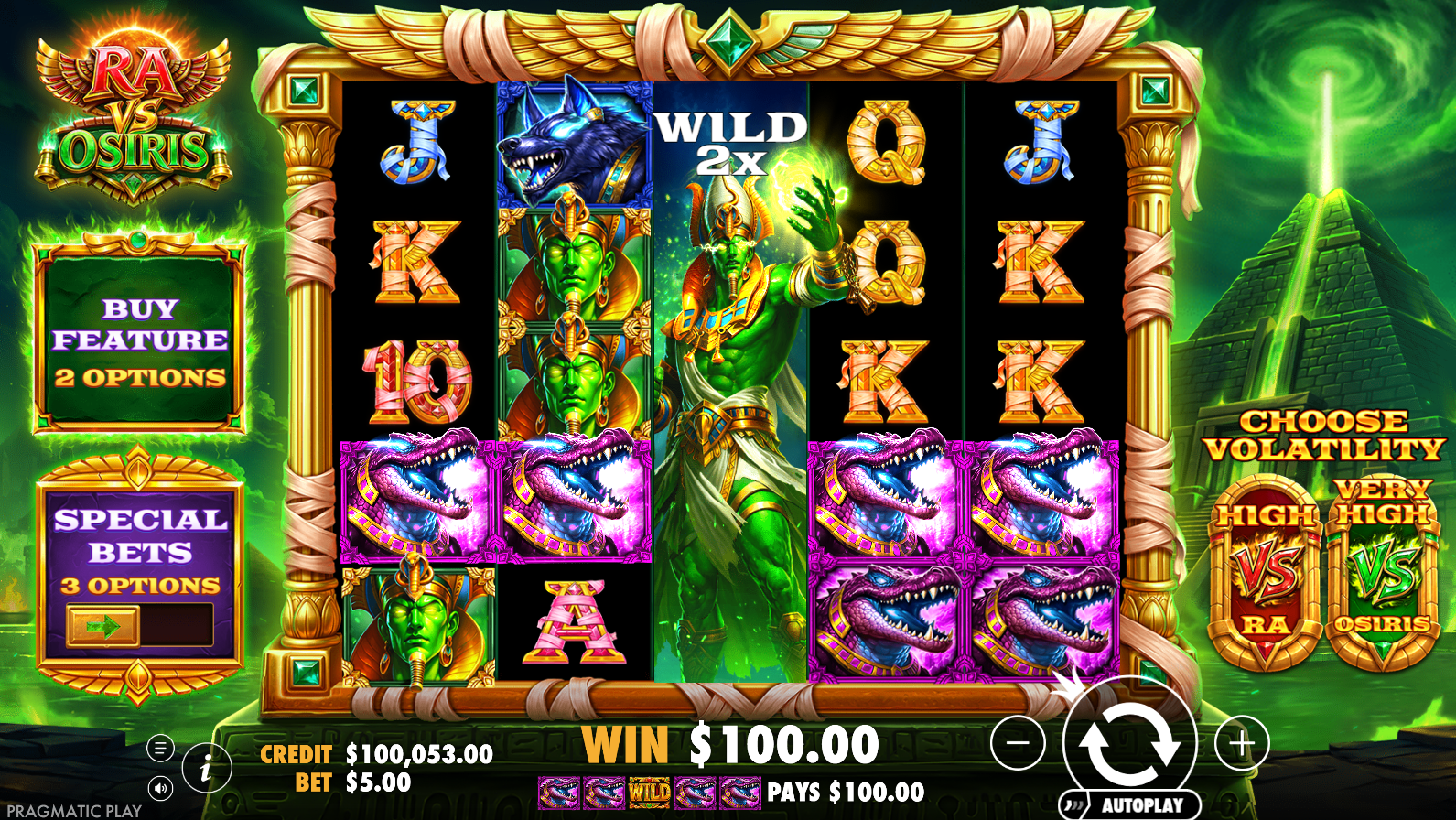 Ra vs Osiris expanding wild with multiplier covering a full reel