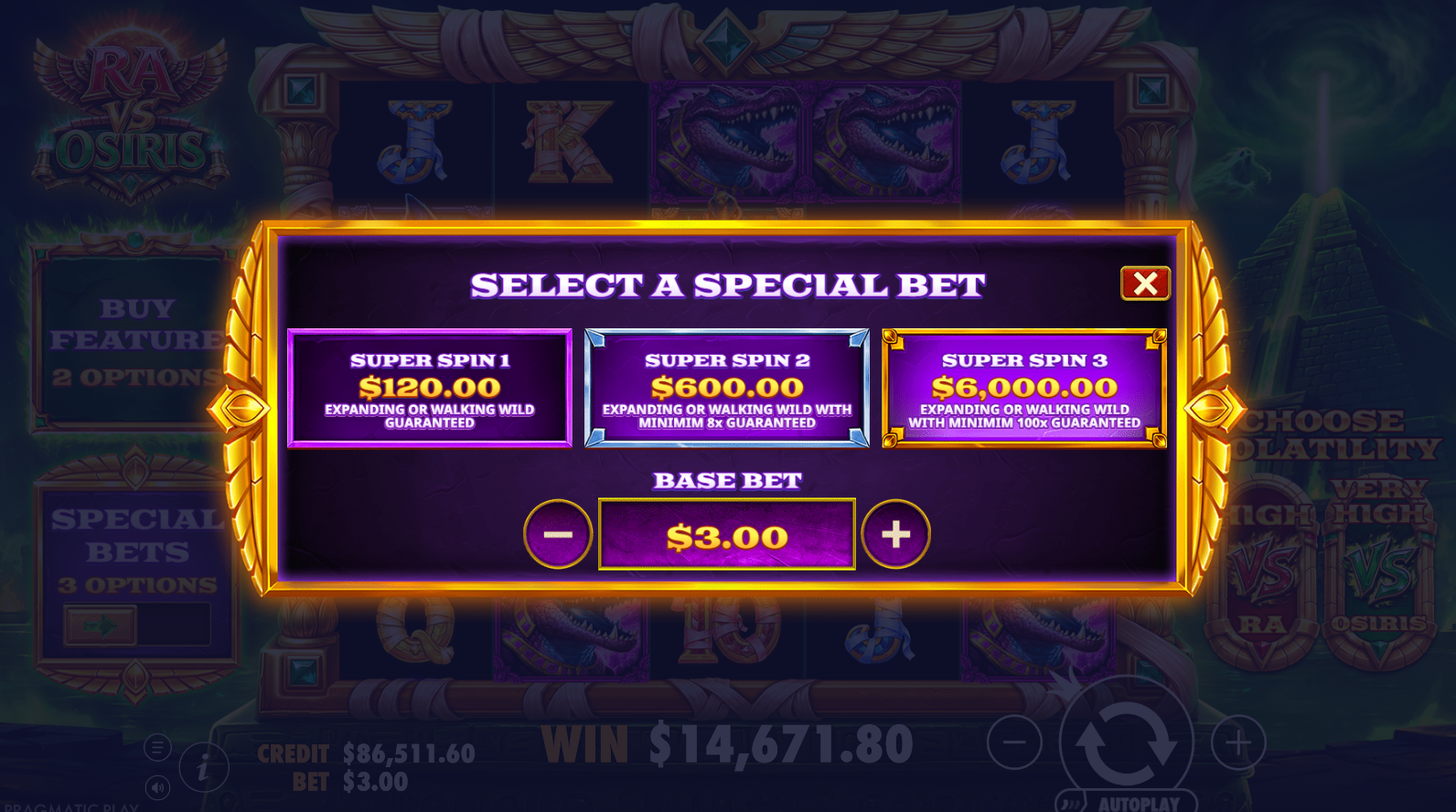 Ra vs Osiris special bets menu showing Super Spin options for RA and OSIRIS profiles