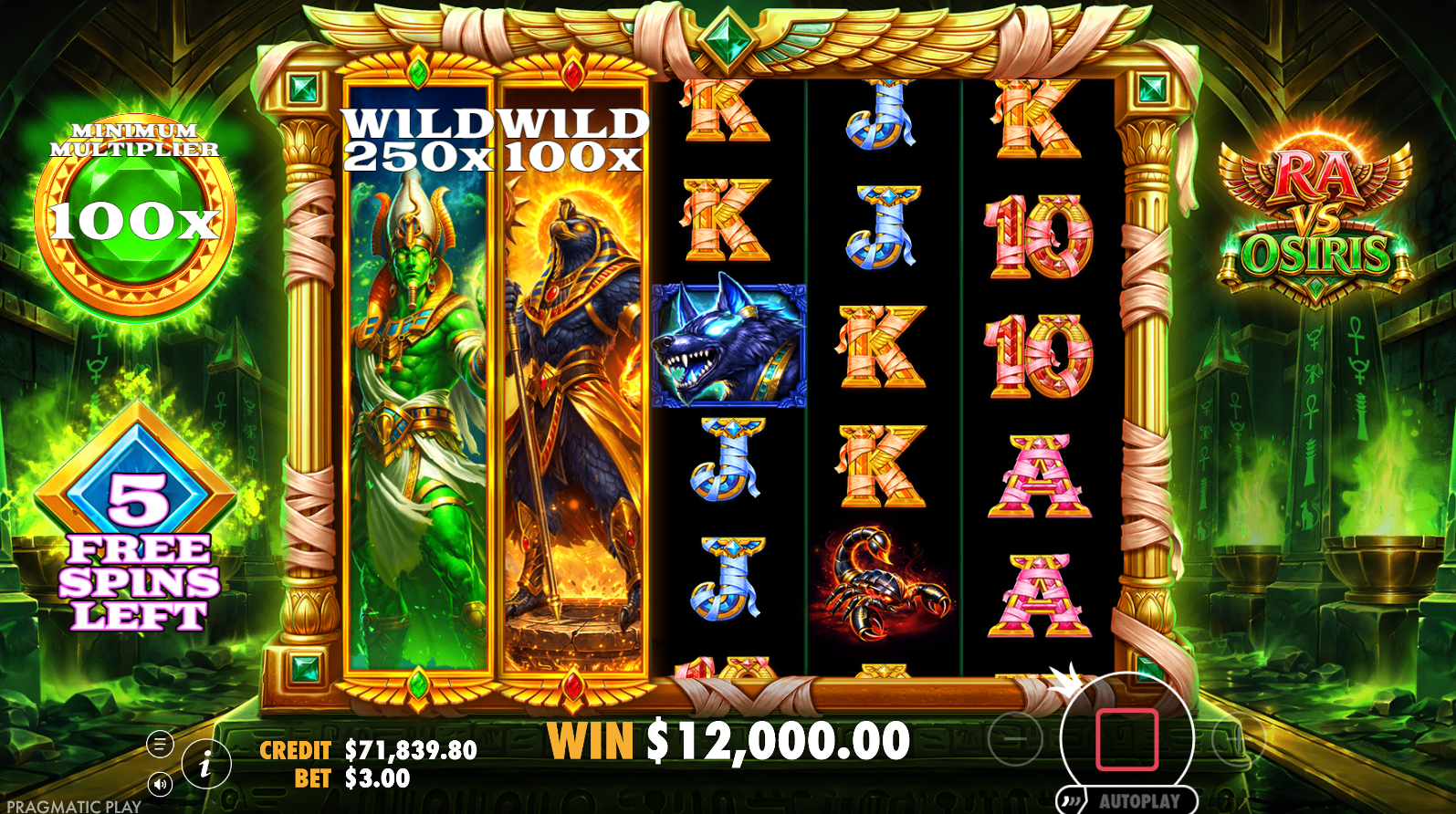 Ra vs Osiris Super Free Spins bonus round with enhanced expanding wild multipliers