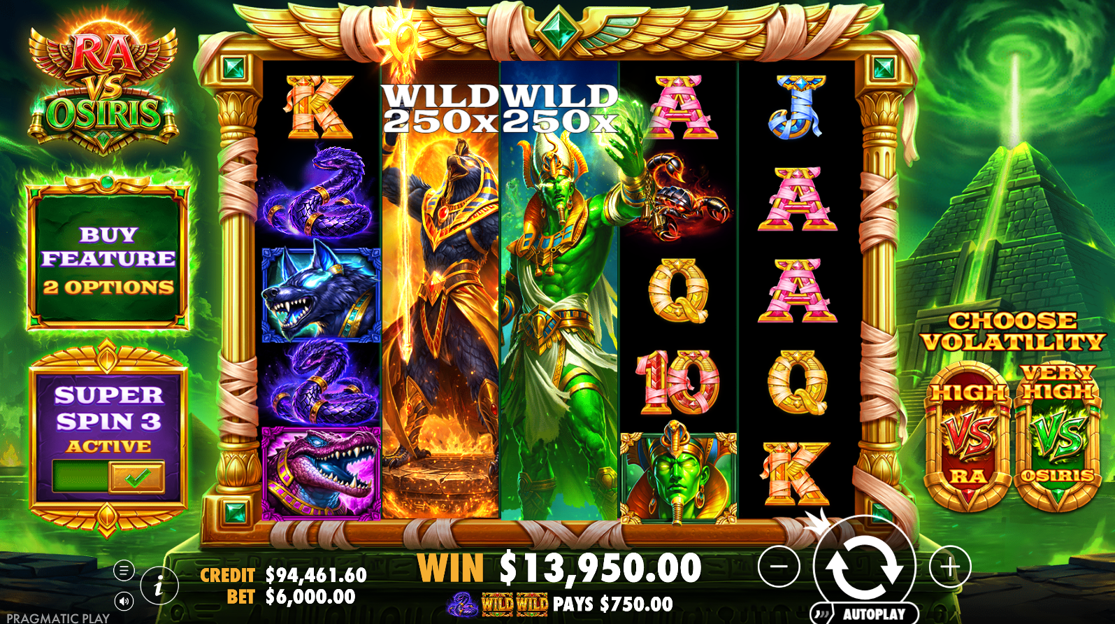 Ra vs Osiris Super Spin 3 highest-tier special bet with 100x minimum wild multiplier