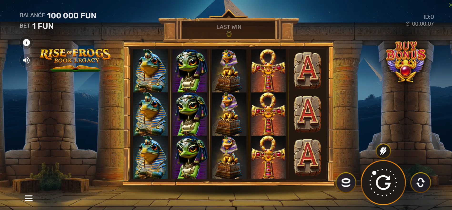 Rise of Frogs Book Legacy base game showing 5x3 grid with Egyptian symbols