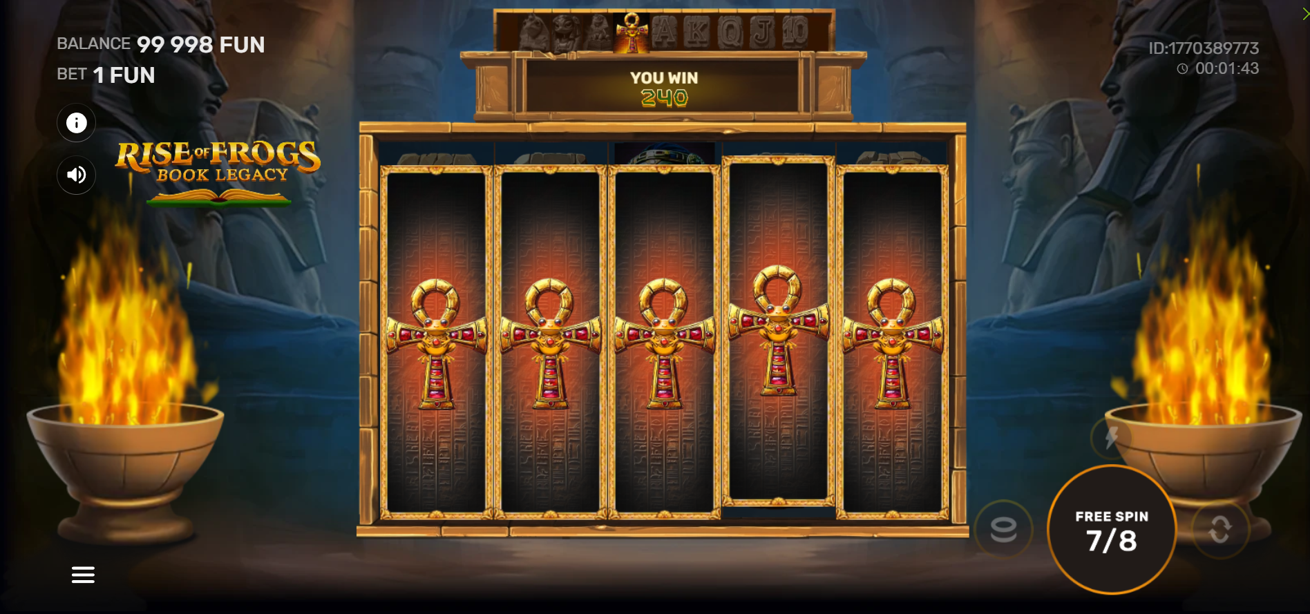 Rise of Frogs Book Legacy free spins bonus with expanding Ankh symbol