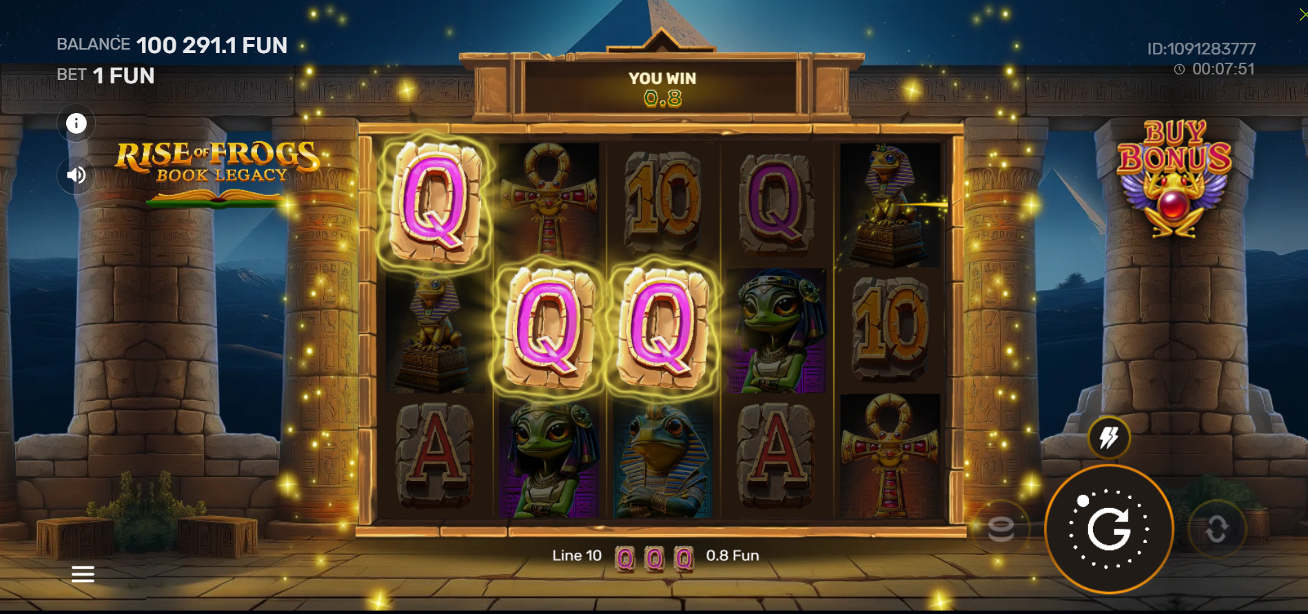 Rise of Frogs Book Legacy showing 10 fixed paylines with Q symbols winning