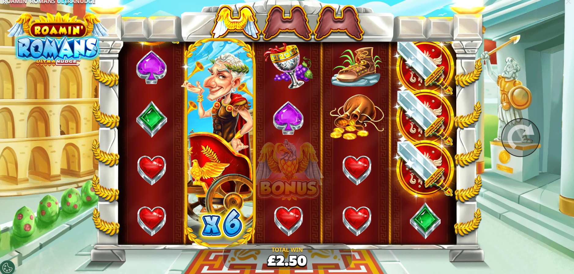 Roamin' Romans Caesar's Wild March feature with Caesar marching across the reels with multipliers