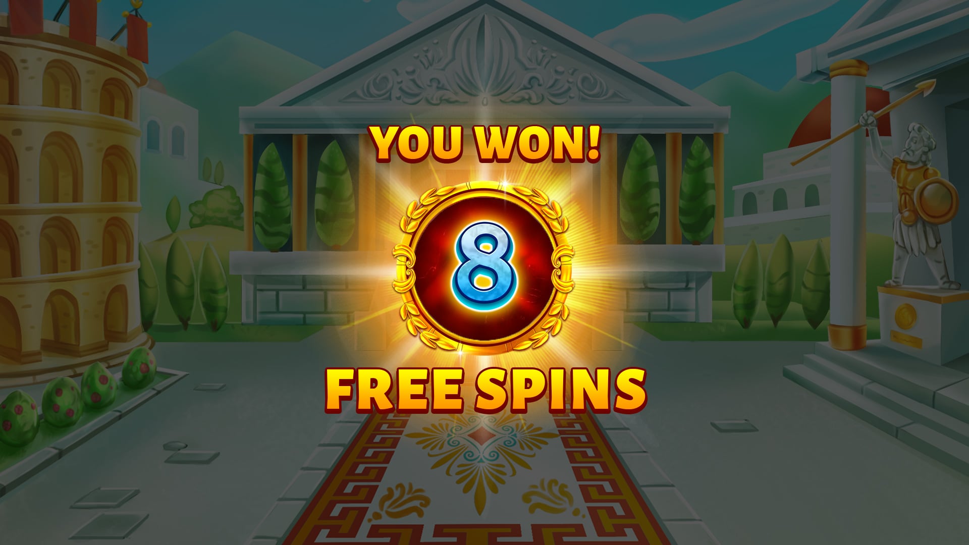 Roamin' Romans Free Spins trigger screen showing 8 free spins awarded