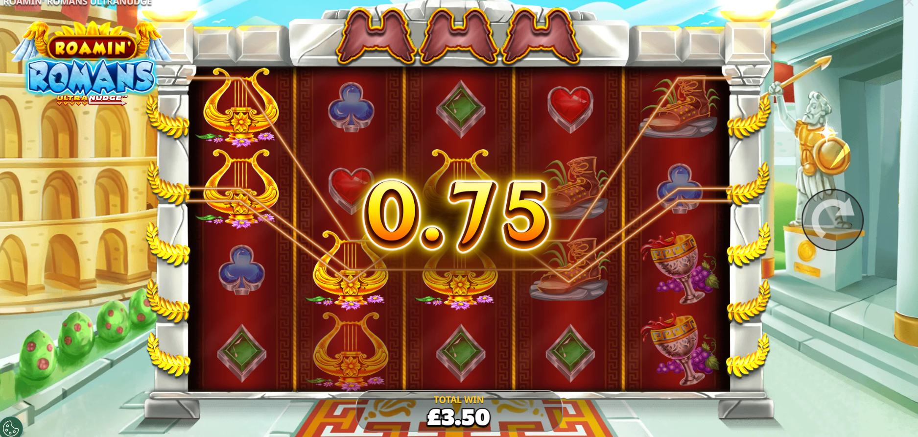 Roamin' Romans showing 40 fixed paylines on the reel grid