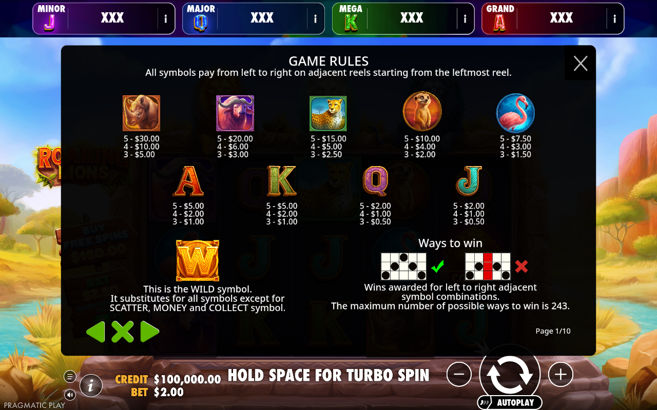 Roaring Lions - Brasil Jackpot information screen