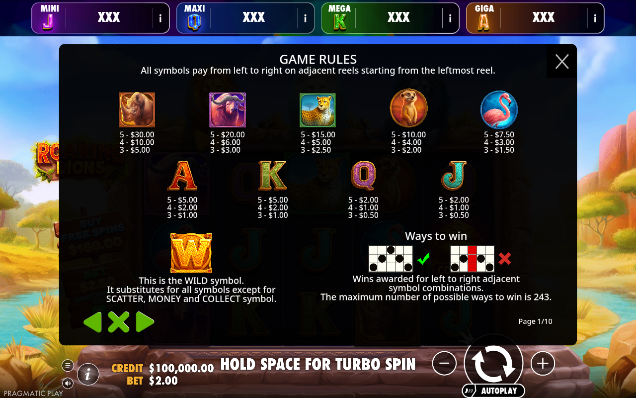 Roaring Lions - Oranje Jackpot information screen