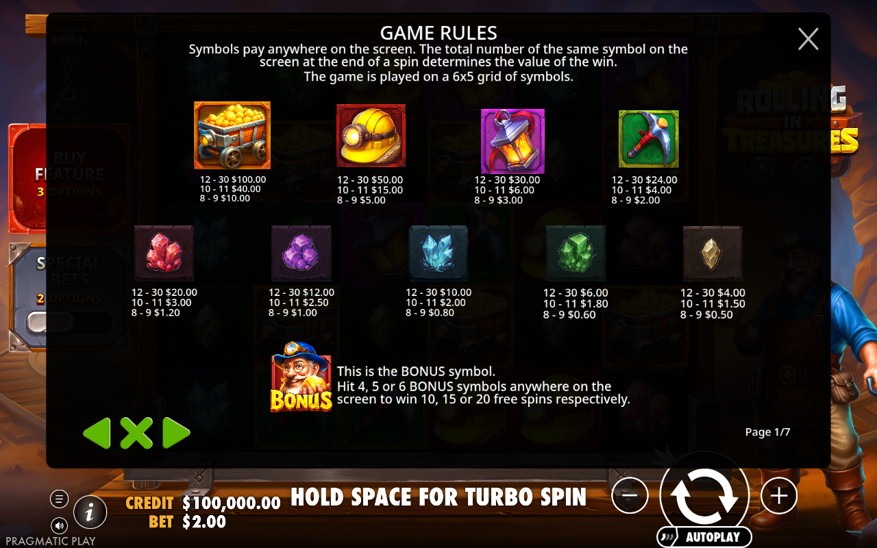Rolling in Treasures information screen
