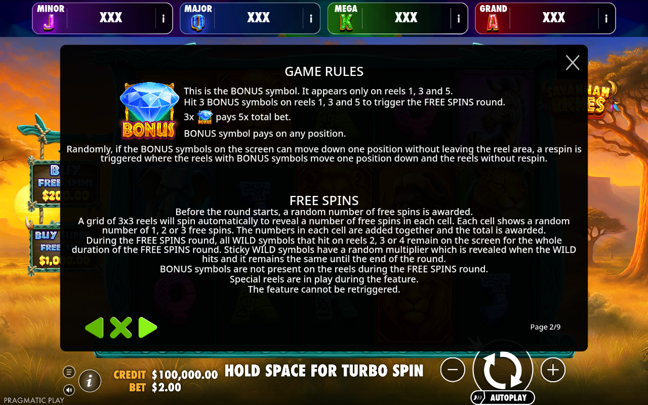 Savannah Riches - Brasil Jackpot wild symbols rules screen
