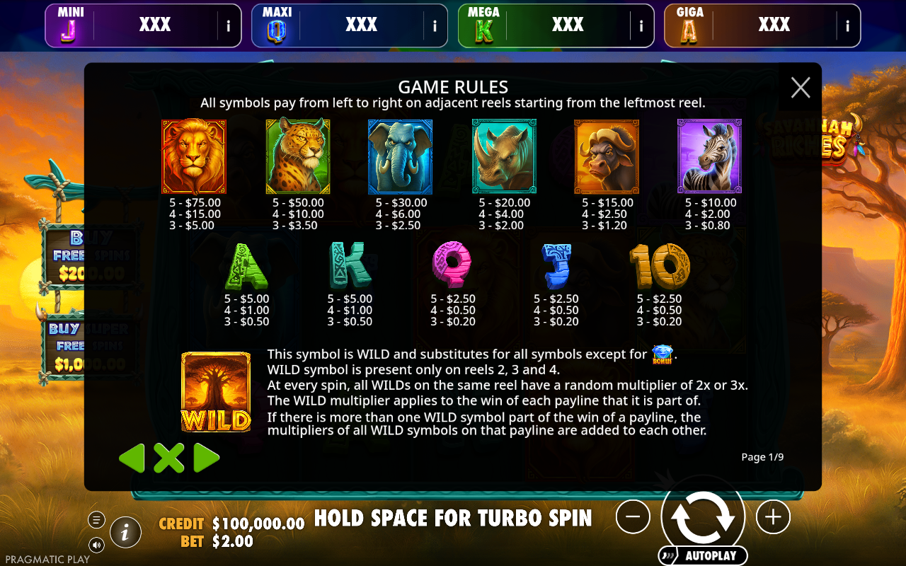 Savannah Riches - Oranje Jackpot information screen