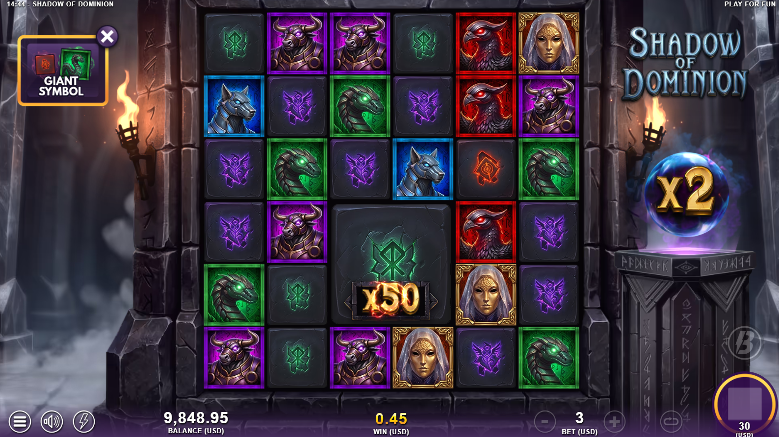 Shadow Of Dominion Giant Symbol Spin showing an oversized symbol on the grid