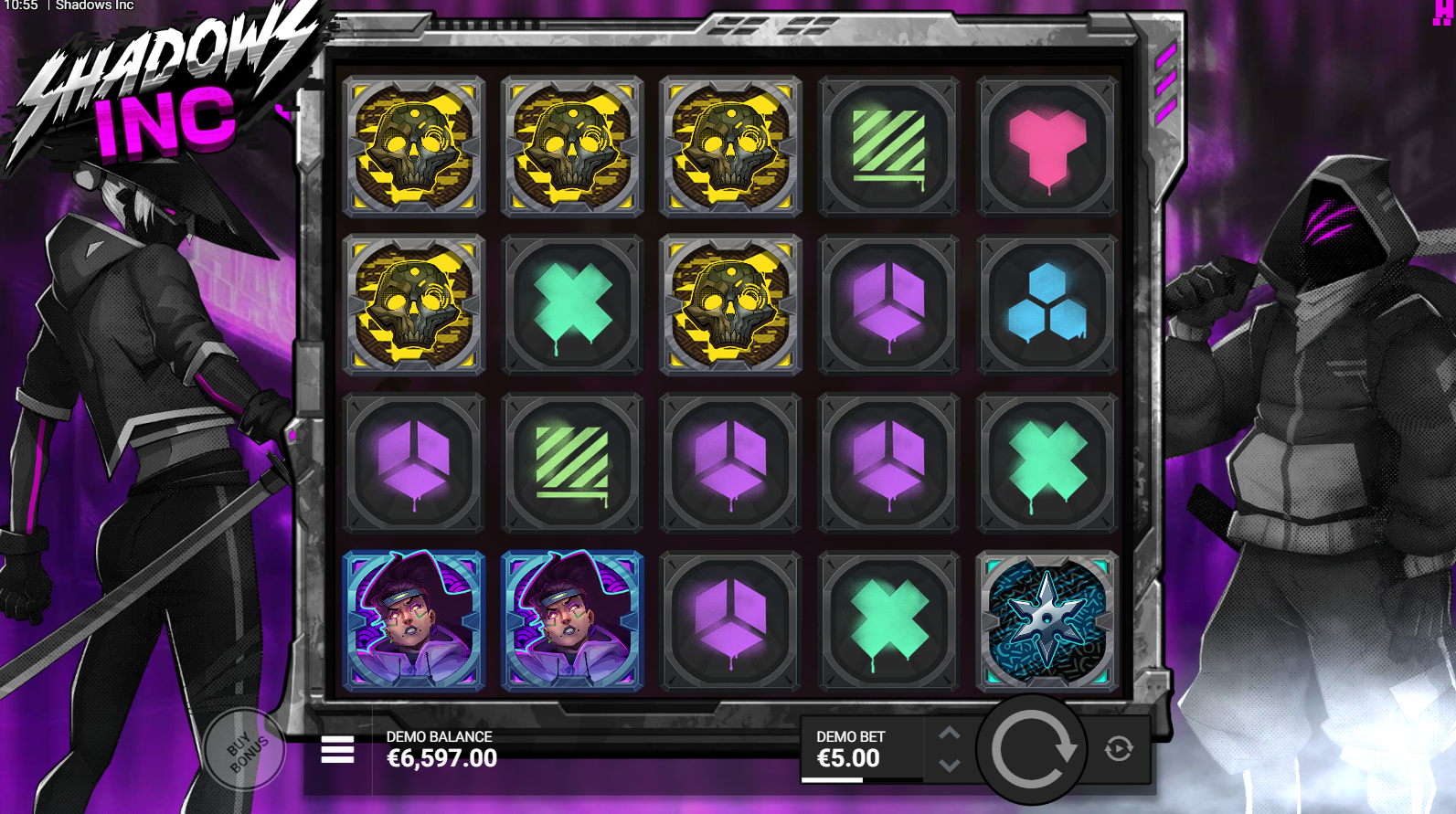 Shadows Inc base game showing the 5x4 grid with Slayer symbols