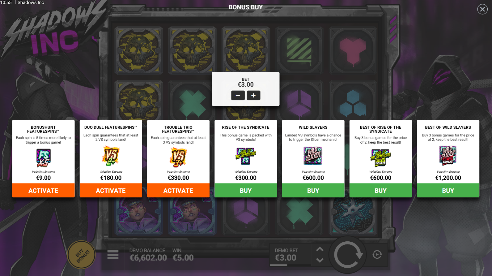 Shadows Inc bonus buy options menu showing FeatureSpins purchase choices