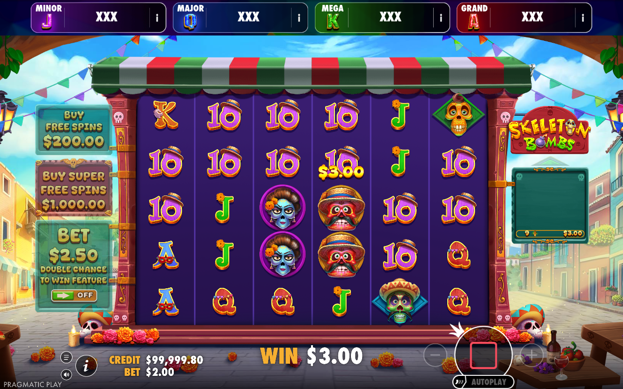 Skeleton Bombs - Brasil Jackpot mid-spin view of the 6x5 reels
