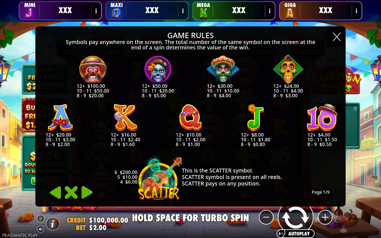 Skeleton Bombs - Oranje Jackpot information screen