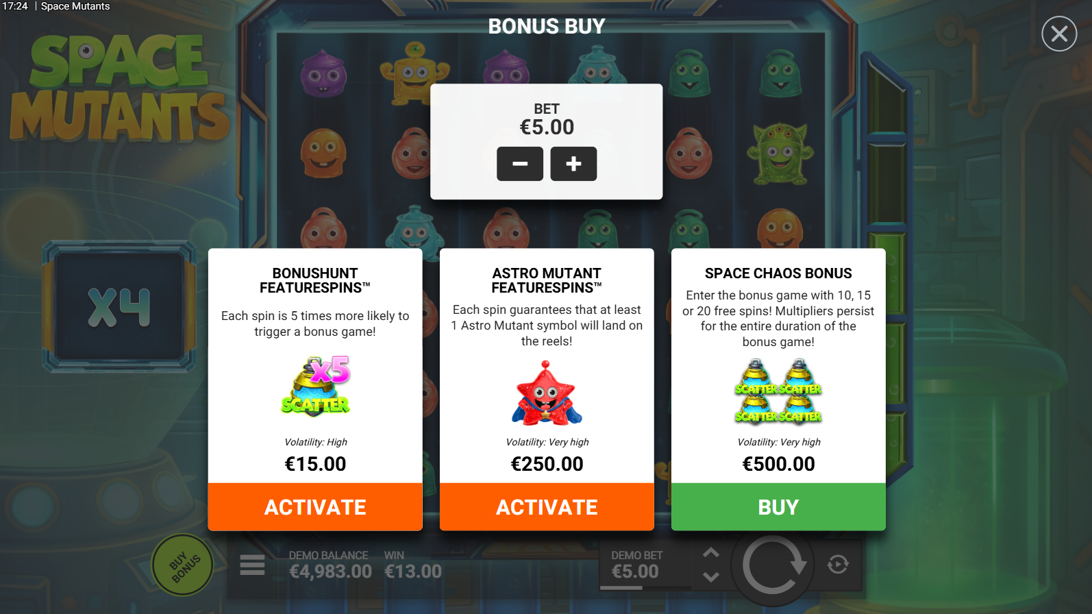Space Mutants bonus buy options screen showing three purchasable features
