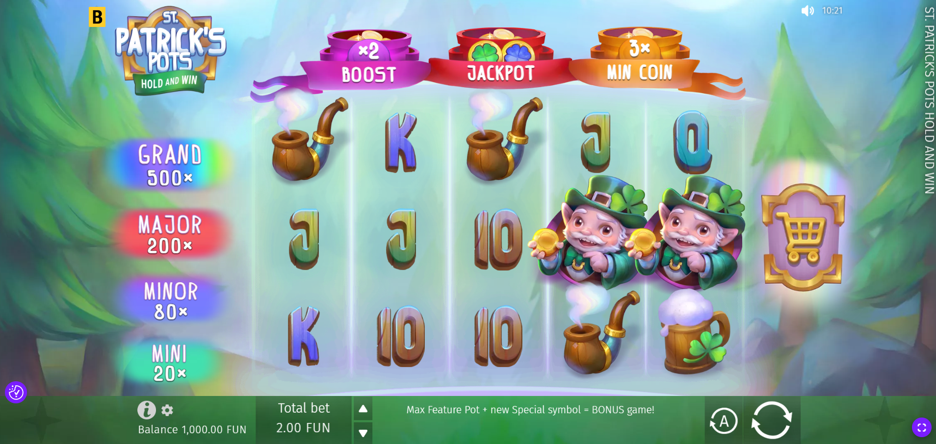 St. Patrick's Pots Hold and Win base game gameplay showing the 243 ways reels
